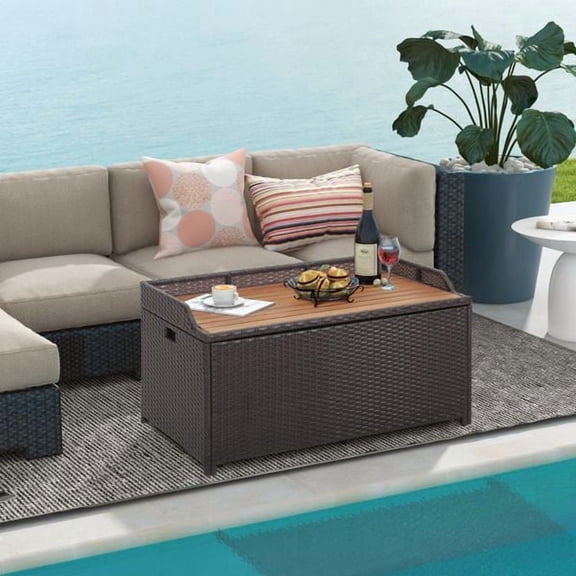 45 Gallon Outdoor Storage Bench with Acacia Wood Lid, PE Rattan Patio Storage Box, Waterproof Zippered Liner, Gas Struts, Indoor Outdoor Deck Storage Chest, Coffee Table and Seating for Garden Porch