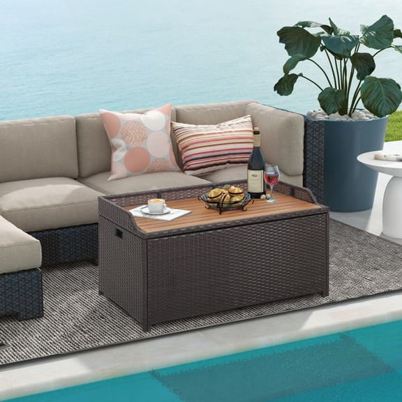 45 Gallon Outdoor Storage Bench with Acacia Wood Lid, PE Rattan Patio Storage Box, Waterproof Zippered Liner, Gas Struts, Indoor Outdoor Deck Storage Chest, Coffee Table and Seating for Garden Porch
