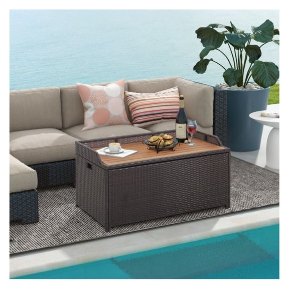 45 Gallon Outdoor Storage Bench, Patio Deck Box with Zippered Liner - Brown PE Rattan, Acacia Wood - Seating & Storage Solution