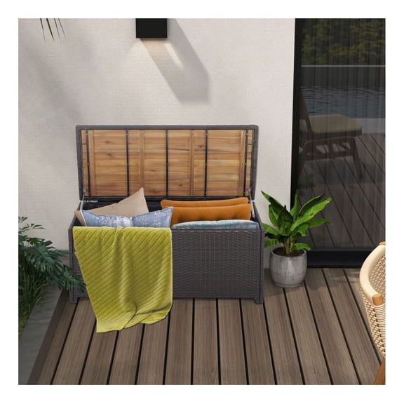 45 Gallon Outdoor Storage Bench with Zippered Liner, Patio Deck Box, Brown PE Rattan, Acacia Wood, 795 lbs Capacity, Weather Resistant, Garden Furniture, Coffee Table