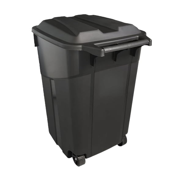 45 Gallon Outdoor Trash Can with Lid, Heavy-Duty Wheeled Garbage Bin for Backyard, Deck or Garage, Black, Can with Attached Snap Lock Lid and Heavy-Duty Handles (45 Gallon)