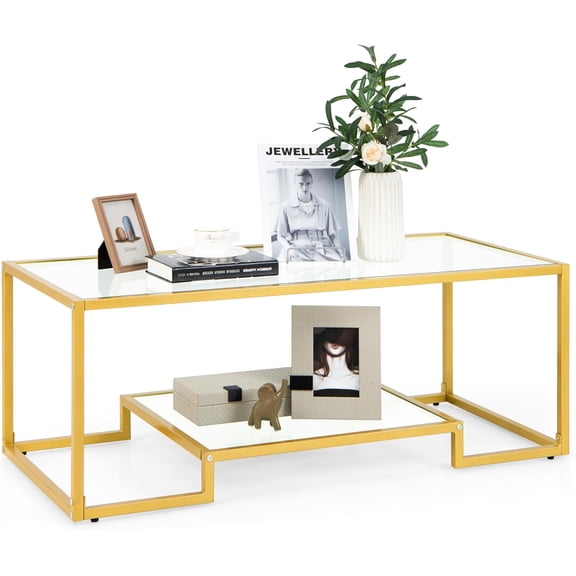 45” Glass Coffee Table, 2-Tier Rectangular Accent Table with Storage Shelf & Golden Metal Frame, Modern Center Tea Table for Living Room Home Office (Gold)