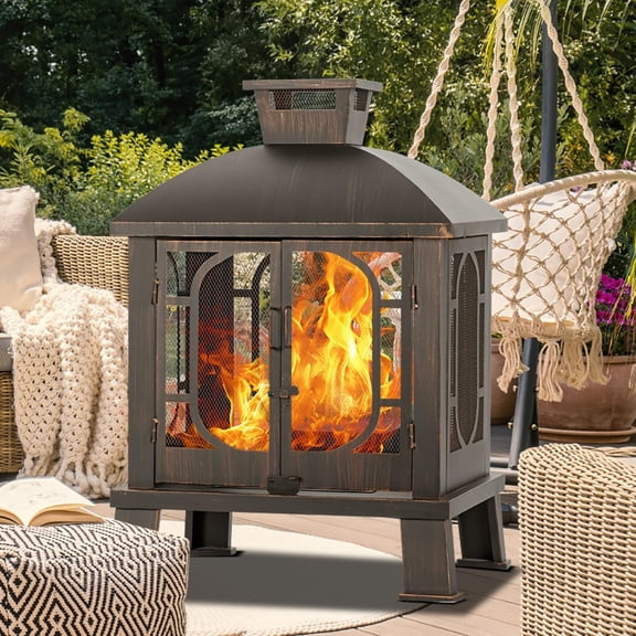 45" H31"W Metal Chiminea Fire Pit with Grill & Fire Poker, Wood Burning Fire Pits for Outside, Square Fireplace with Mesh Spark Screen Door for Garden, BBQ, Bonfire