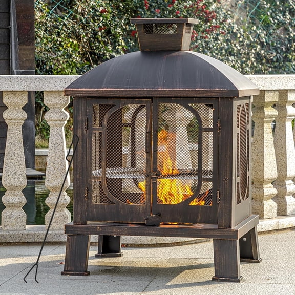 45" H31''W Metal Chiminea Fire Pit with Grill, Wood Burning Fire Pits for Outside,Square Chimineas Fireplace with Mesh Spark Screen Door& Fire Poker for Garden,Yard,BBQ,Bonfire (Black&Gold)