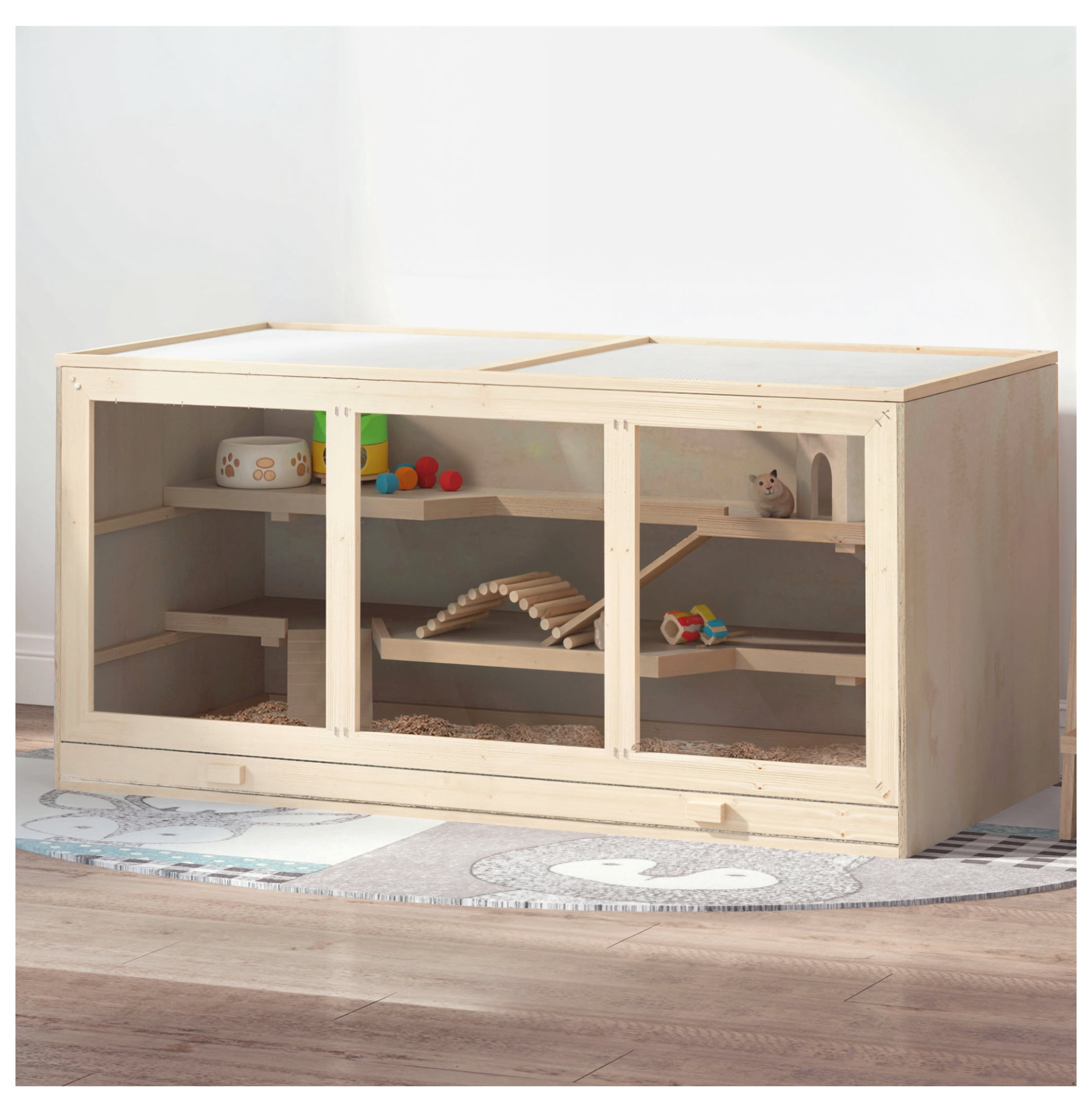 45" Hamster Cage, 3-Layer Wooden Rat Habitat, PVC Window, Small Animal Cage for Gerbil, Dwarf & Syrian Hamsters, Natural Wood