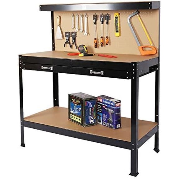 45" Heavy-Duty Steel Workbench with Pegboard & Storage Drawer | Garage Workshop Table with Bottom Shelf | Tool Organization Station for DIY, Woodworking | Industrial Black,Wall Mountable (45x24x36)