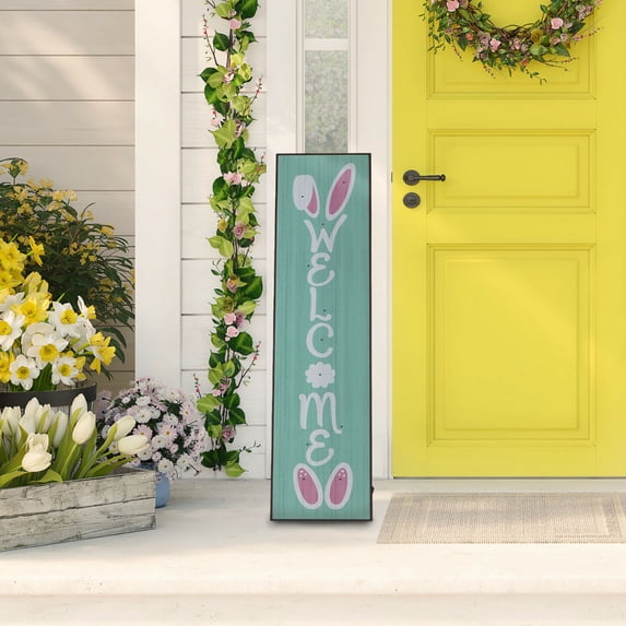 45-In. WELCOME Porch Leaner Sign with Battery-Operated LED Lights and Bunny Ears, Festive Spring Decoration, Blue