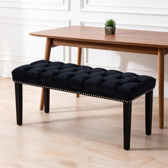 45-Inch 2-Seat Tufted Velvet Bench Ottoman, Sleek Black Entryway Dining Room Seating