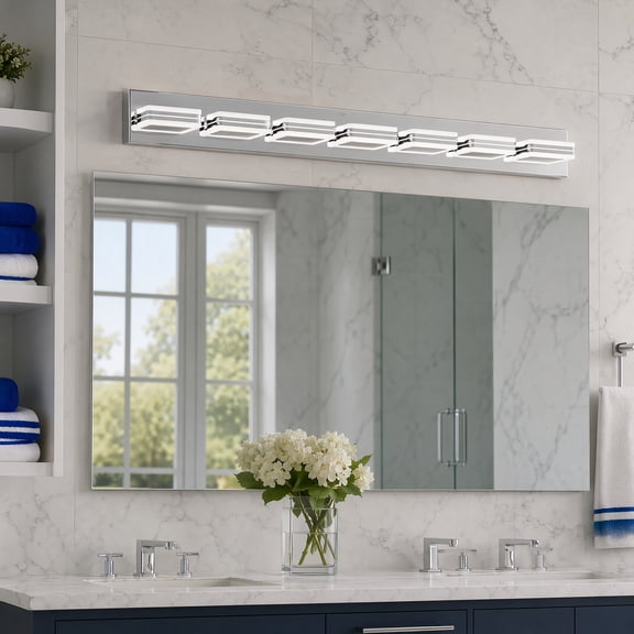 45 Inch 7Light Modern Chrome LED Vanity Light Fixture Rotatable Square Acrylic Shade Wall Mount Light for Bathroom Mirror Bedroom Powder Room Lighting
