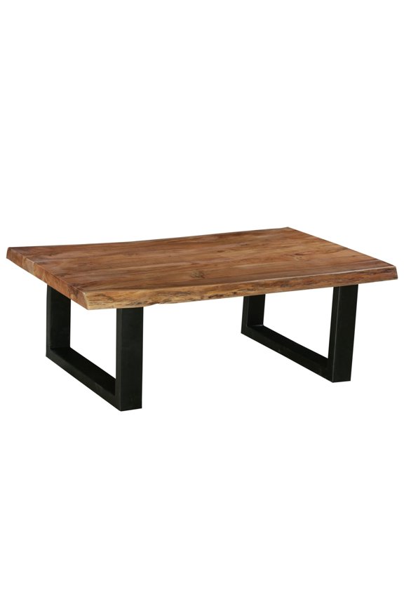 45 Inch Acacia Wood Rectangular Coffee Table Live Edge Details Black Powder Coated Metal Sled Base Natural Brown -