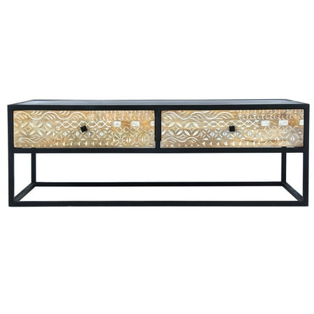 45 Inch Carson Rectangular Mango Wood Coffee Table with Metal Frame and 2 Drawers, Brown and Black - Saltoro Sherpi