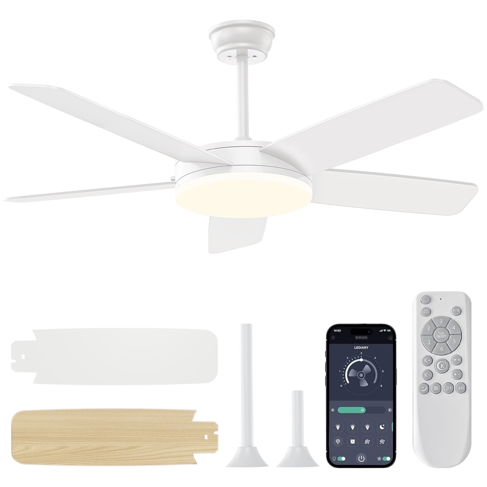 Kaqinu Ceiling Fans with Lights and Remote & App Control,45 inch Modern Ceiling Fans,6 Speeds 3 Colors for Indoor White