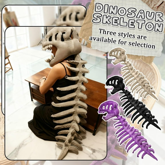 45-Inch Dinosaur Skeleton Headcover Plush, Black Full Body Dinosaur Costume with Realistic Bone Design, Collectible Plushie for Parties and Home Decor
