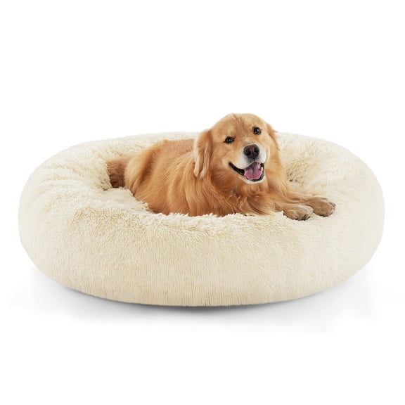 45-Inch Extra Large Calming Pet Bed for Giant Breeds, Anti-Slip Donut Fluffy Faux Fur Cuddler, Washable Warming Bed for Pets Up to 120 lbs, 10-Inch Thick Support