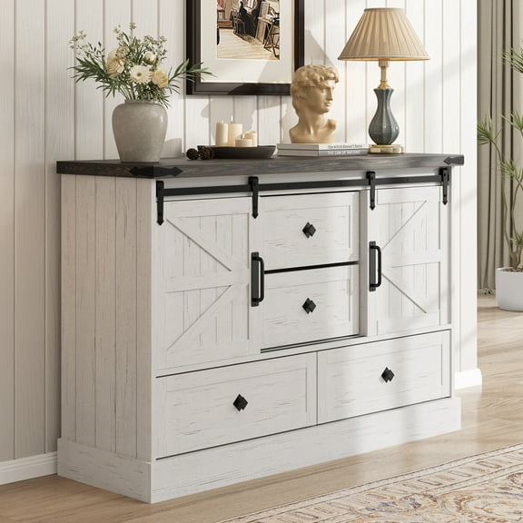 45 Inch Farmhouse Dresser, Wooden Chest of Drawer with Adjustable Shelves, Rustic Tall Storage Cabinet with Sliding Barn Door and 4 Drawer for Living Room, Bedroom, Dining Room, White