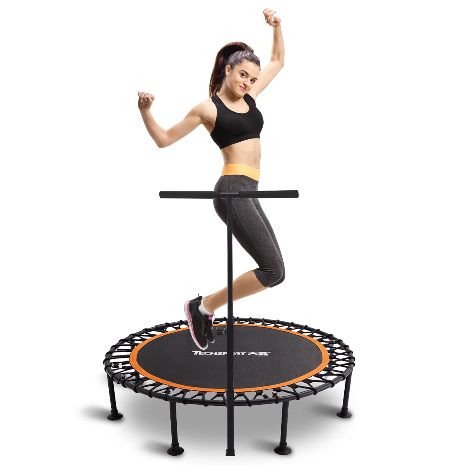 45 Inch Fitness Trampoline with T-Bar Handle – Quiet Adult Mini Trampoline with Silent Elastic Ropes, 10-Minute Fat Burning Cardio Workout at Home, Easy Assembly, Red/Black