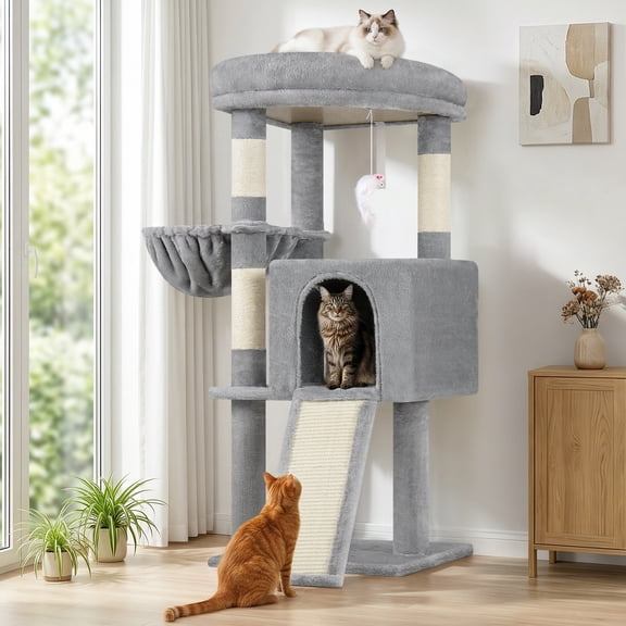 45 Inch Kitty Tower with Kitty Condo, Hammock and Sisal Scratching Posts, Indoor Activity Center for Small Cats & All Breeds, F45, Light Gray