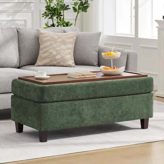 45 Inch Large Storage Ottoman Bench with Wooden Tray Coffee Table, Green Chenille Upholstered Foot Rest, Multifunctional Foot Stool Ottoman for Living Room, Bedroom & Entryway, Solid Wood Legs