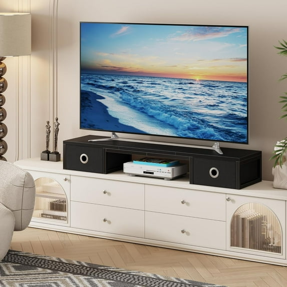 45 Inch Large TV Riser with Fabric Drawers for 32-60 inch TV, Steel Tabletop Shelf Monitor Stand for Home Office Black