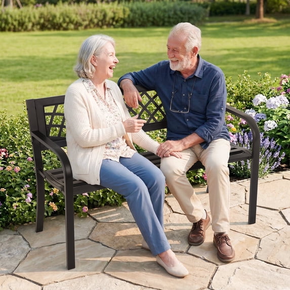 45 Inch Metal Bench Outdoor Garden Bench Park Bench with Steel Frame & PVC Backrest, Patio Bench for 2-3 People, for Yard, Lawn, Decor, Deck, Entryway, Porch (Black)