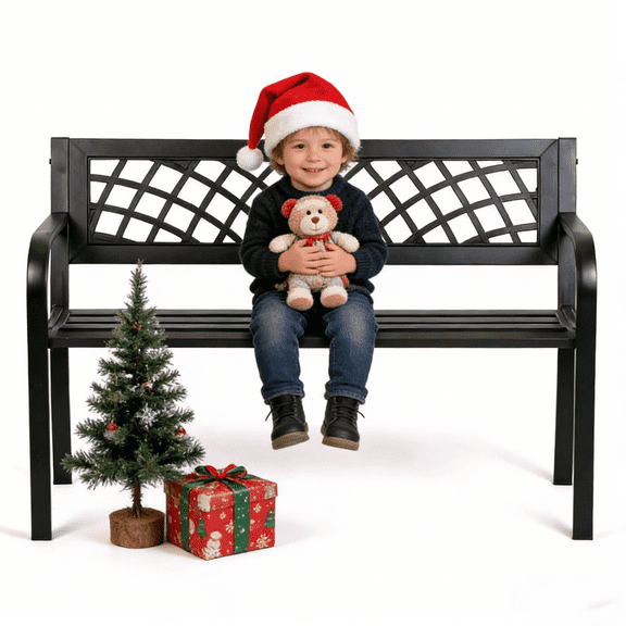 45 Inch Metal Bench Outdoor Garden Bench Park Bench with Steel Frame & PVC Backrest, Patio Bench for 2-3 People, for Yard, Lawn, Decor, Deck, Entryway, Porch （Black）