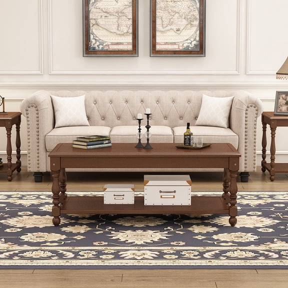 45 Inch Rectangular Coffee Table, Solid Wood 2-Tier Center Table with Open Storage Shelf, Classic Legs and Rounded Corners for Living Room, Dark Brown