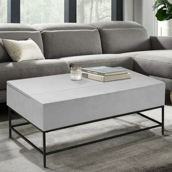 45 Inch Rectangular Mango Wood Coffee Table, Lift Top Storage, Iron Frame, White, Black- Saltoro Sherpi