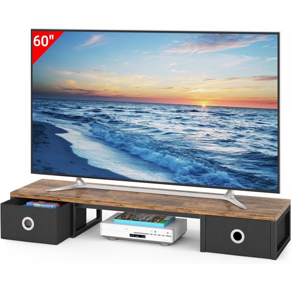 45 Inch TV Riser with Fabric Drawers for 32 to 60 Inch TVs Steel Legs Rustic Brown