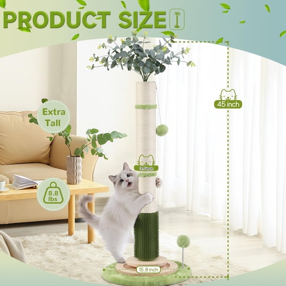 45 Inch Tall  Scratching Post with Sisal Rope, Interactive Ball Toys and  Groomer Brush for Indoor Cats