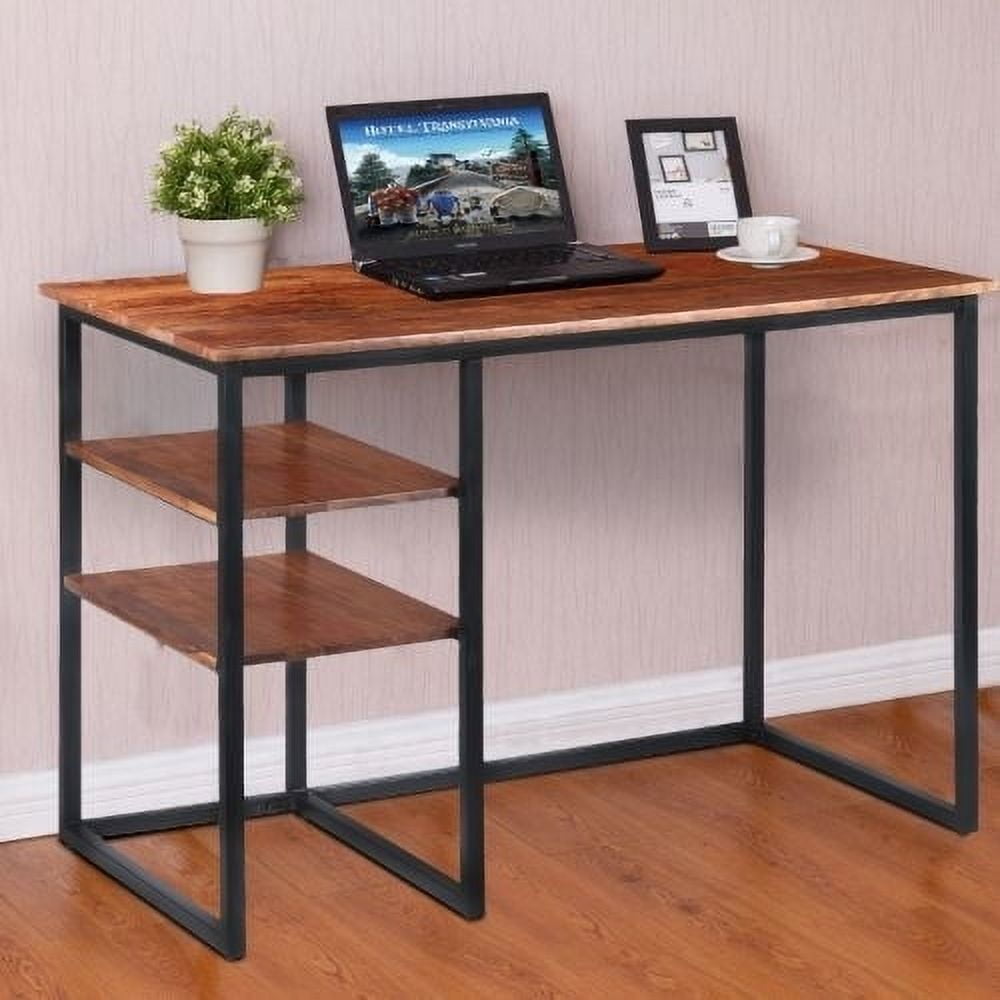 Minimalist Acacia Wood and Black Metal Desk with Side Shelves
