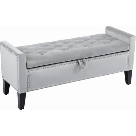 45 Inch Velvet Storage Ottoman , Upholstered End of Bed , Modern Tufted Entryway Storage  with Arms, Grey