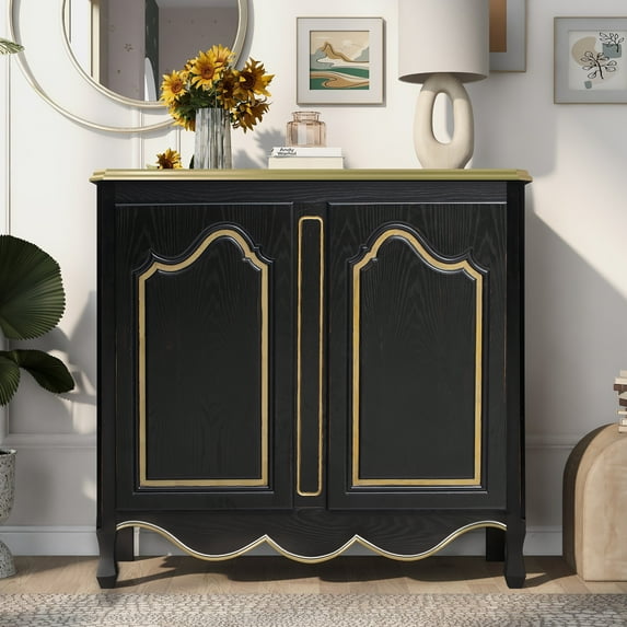 45” Inch Wood Accent Buffet Sideboard Serving Storage Cabinet with 2 Doors, Pure Hand Drawn, Solid Wood Legs for Dining Room, Entryway (Black)