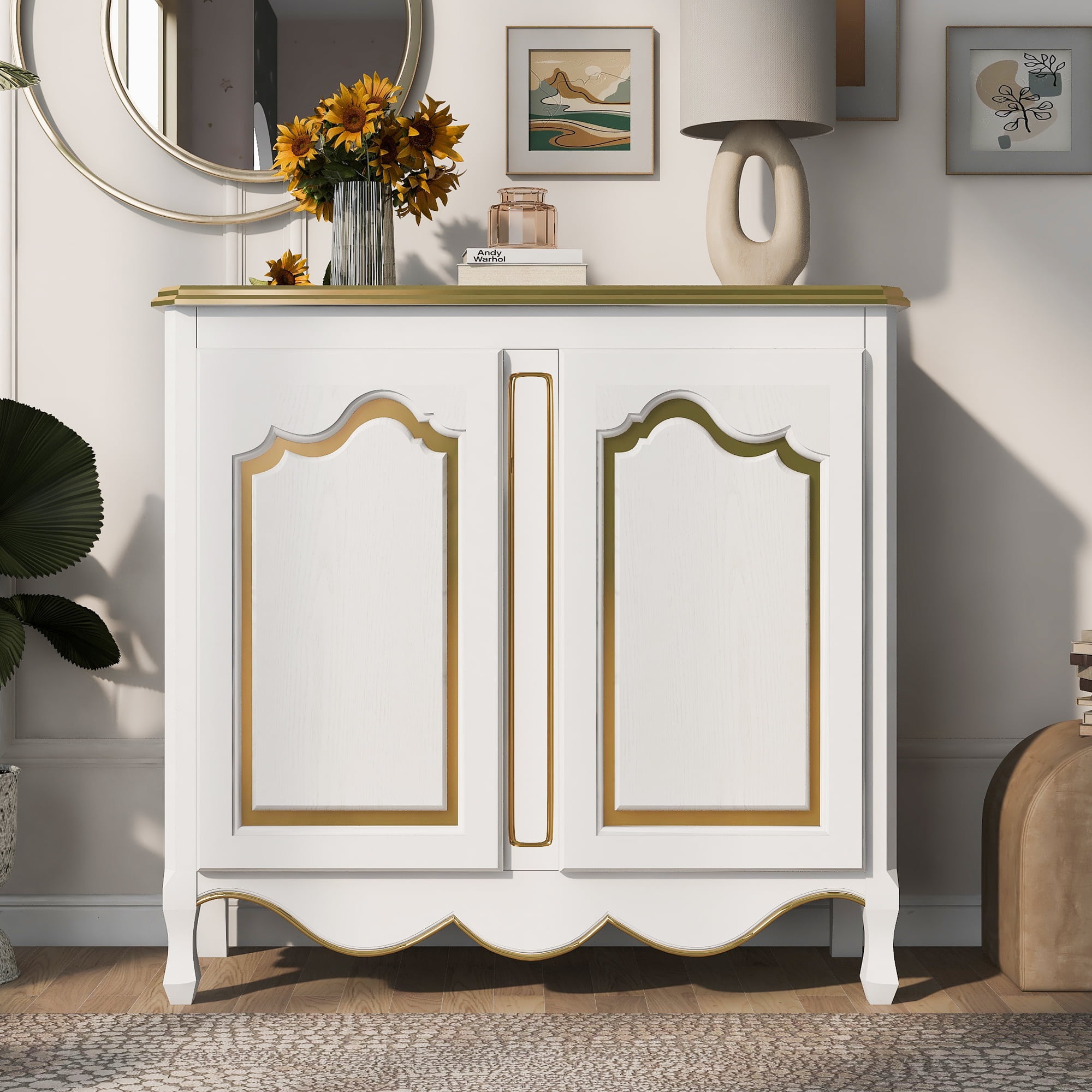 45 Inch Wood Accent Buffet Sideboard Serving Storage Cabinet with 2 Doors Pure Hand Drawn Solid Wood Legs for Dining Room Entryway White