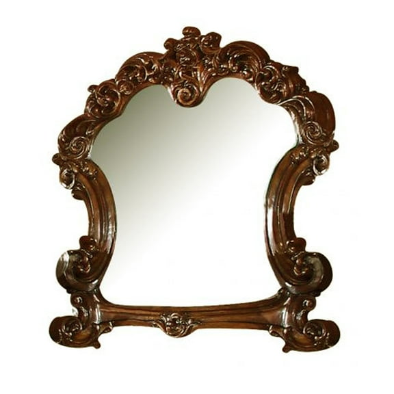 Benjara 45 Inch Wooden Mirror with Scrolled Details, Brown