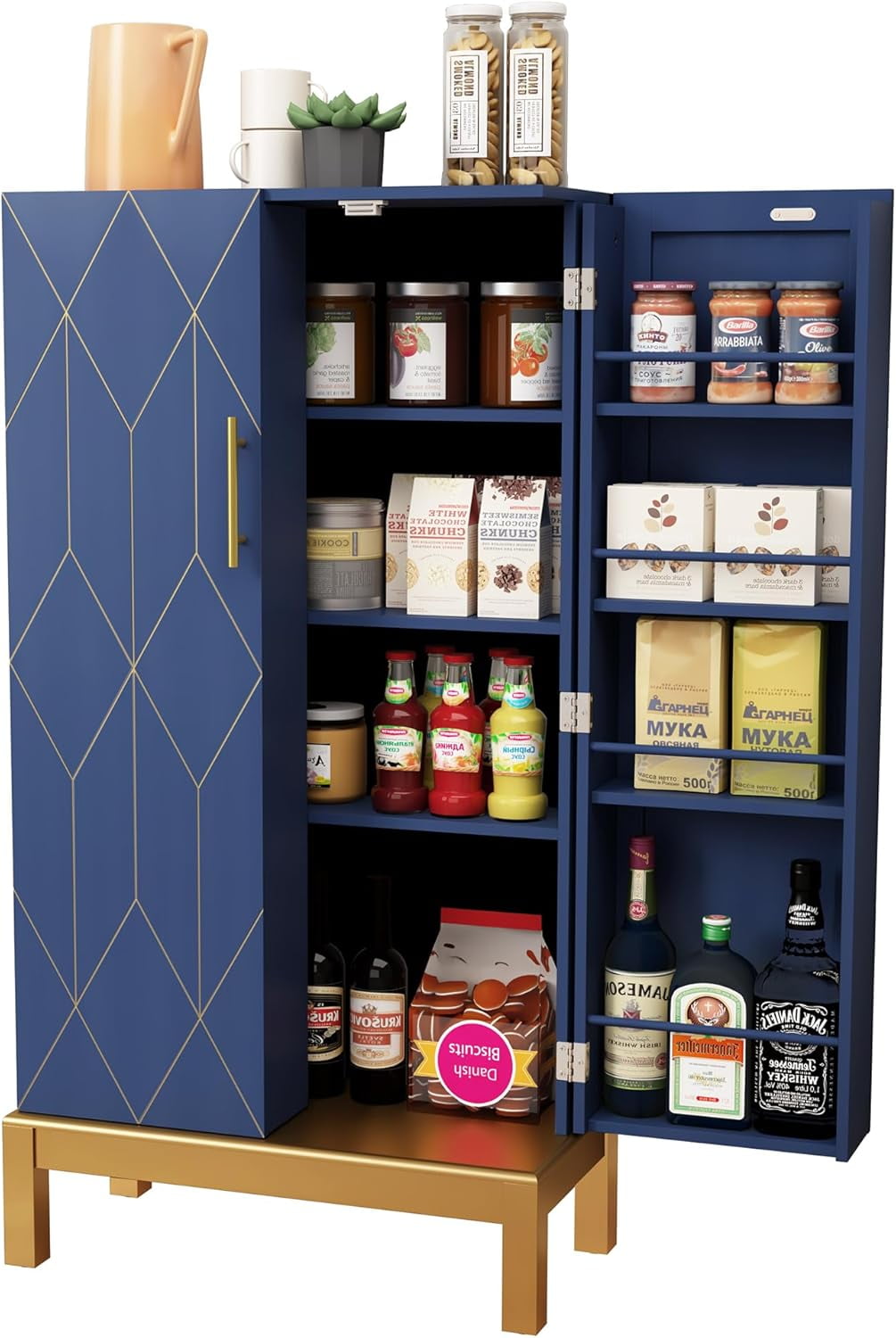 ARTPOWER 45'' Kitchen Pantry Cabinet, 4 - Layer Storage Cupboard With Adjustable Shelves For Storage Cabinet Pantry, Food Pantry Cabinet For Kitchen, Dining Room And Living Room,Gold Legs, Black