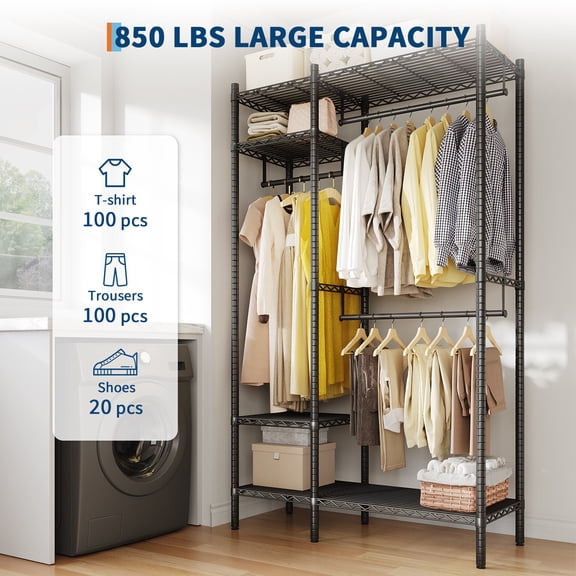 45" L Heavy Duty Clothes Rack, 850LBS Capacity Freestanding Garment Rack with Shelves, Adjustable Storage Rack for Hanging Clothes, Black