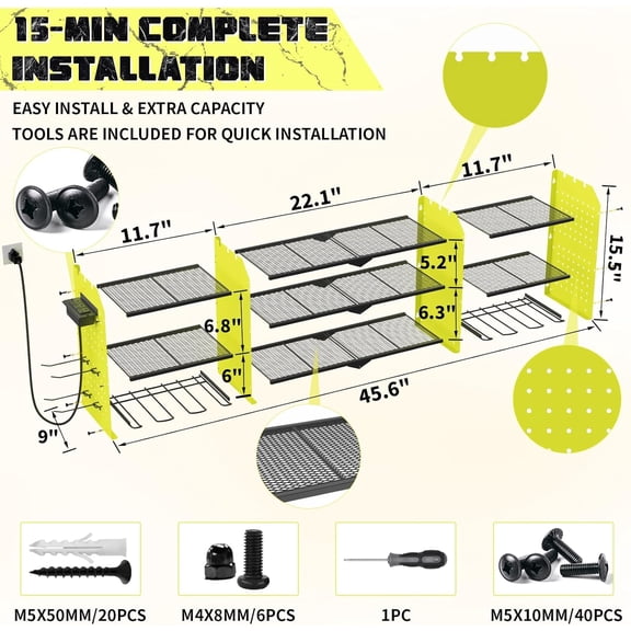 45" Large Power Tool Organizer Wall Mount with Charging Station - 3 Layer Storage Racks with 8 Cordless Drill Holder, 4 Hooks, Heavy Duty Garage Tool Organizer Storage for Workshop Pegboard Basement
