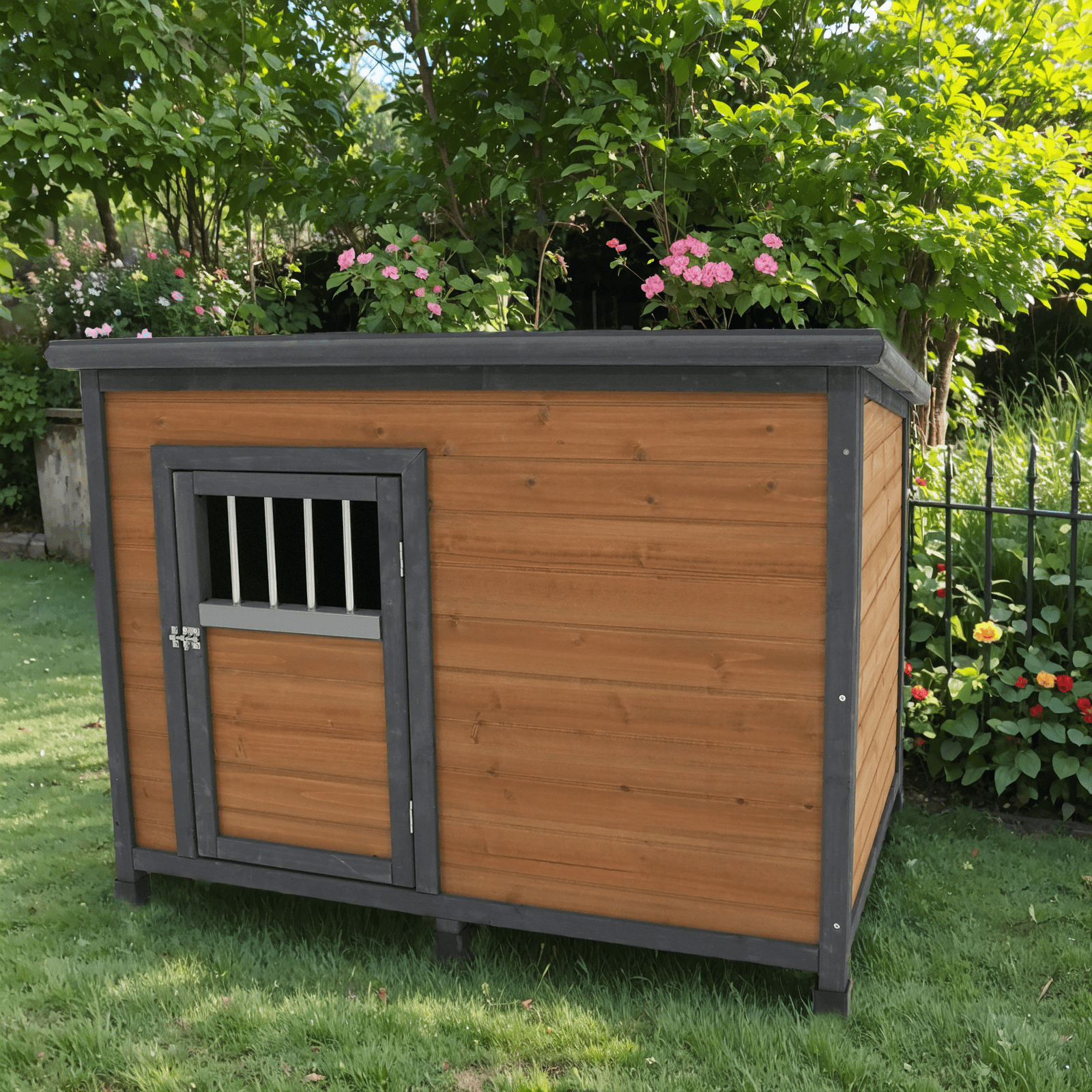 45" Large Solid Wood Dog House, Waterproof Pvc Plastic Roof, Breathable Wooden Doors