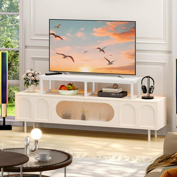 45" Large TV Riser with Dual Monitor Stand, White, Space Saving Office Desk