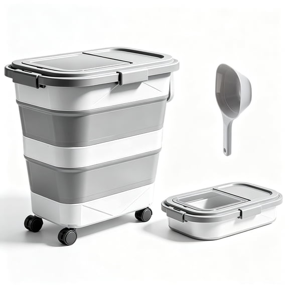 45 Lbs Foldable Dog Food Storage Containers, Collapsible Airtight Pet Food Storage Container with Wheels & Scoop, Pet Food Storage Bin Bucket for Dog, Cat, Bird, Gray
