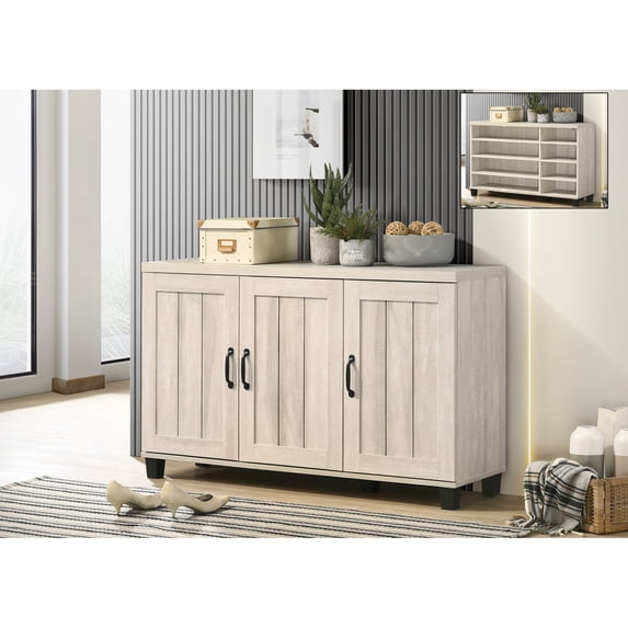 45" Dusty Gray Oak Finish 3-Door Shoe Storage with 2.75" Legs for Vacation Home Entry