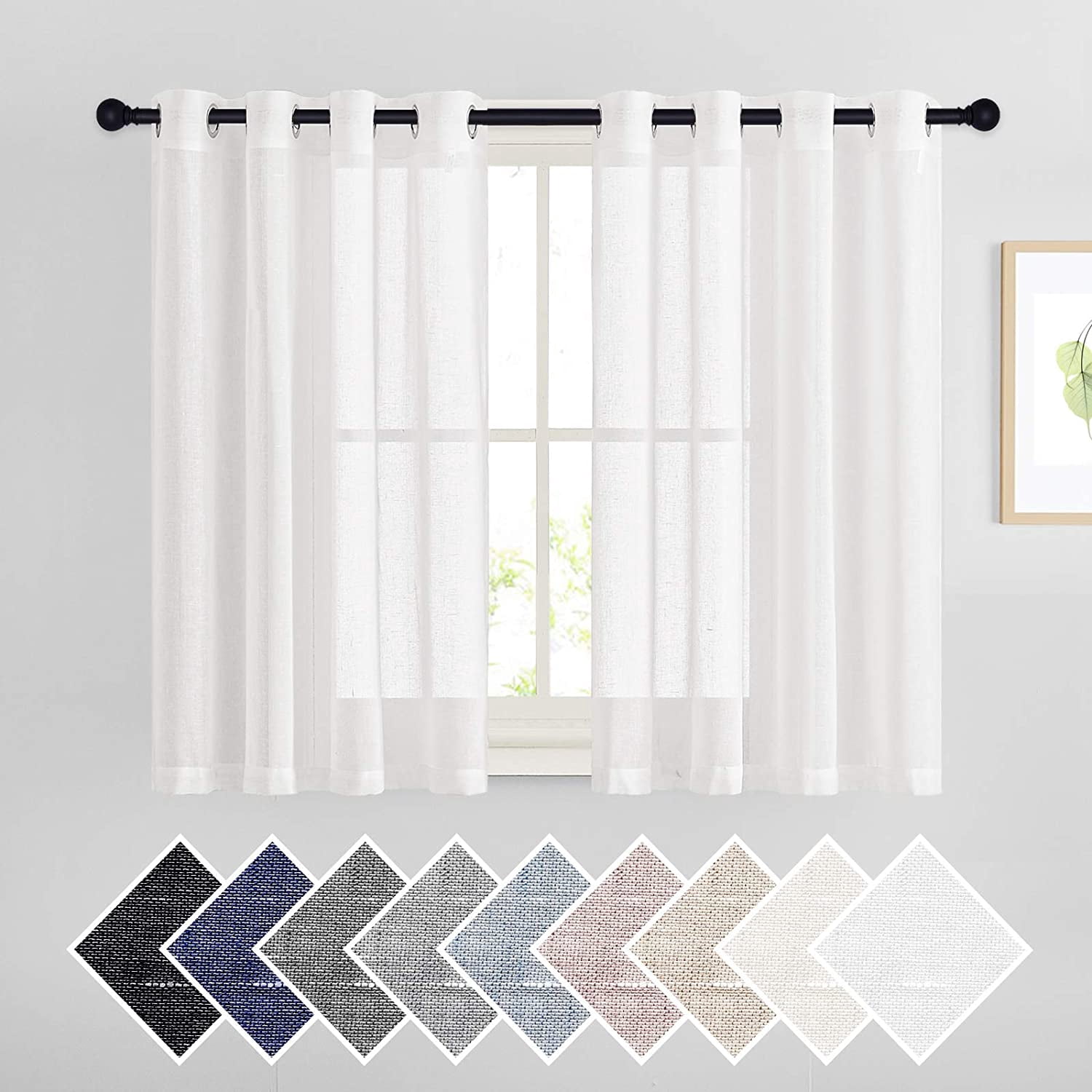 45" Long White Flax Linen Sheer Bedroom Curtains Grommet, Decorative ...
