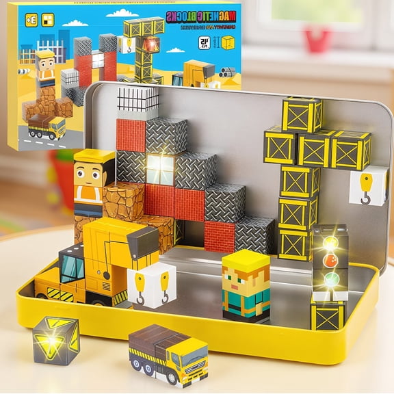 45 Magnetic Building Blocks for Ages 3-5, STEM Travel Set with Tin Storage Case, Construction Cubes for and