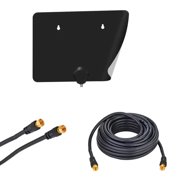 45-Mile Indoor Dual-Color HDTV Antenna, 4K Ultra HD, ATSC 3.0, Long-Range VHF/UHF/FM Reception, Plug-and-Play, Reversible Black/White Design — Includes 15ft Detachable Black RG6 Coax Cable