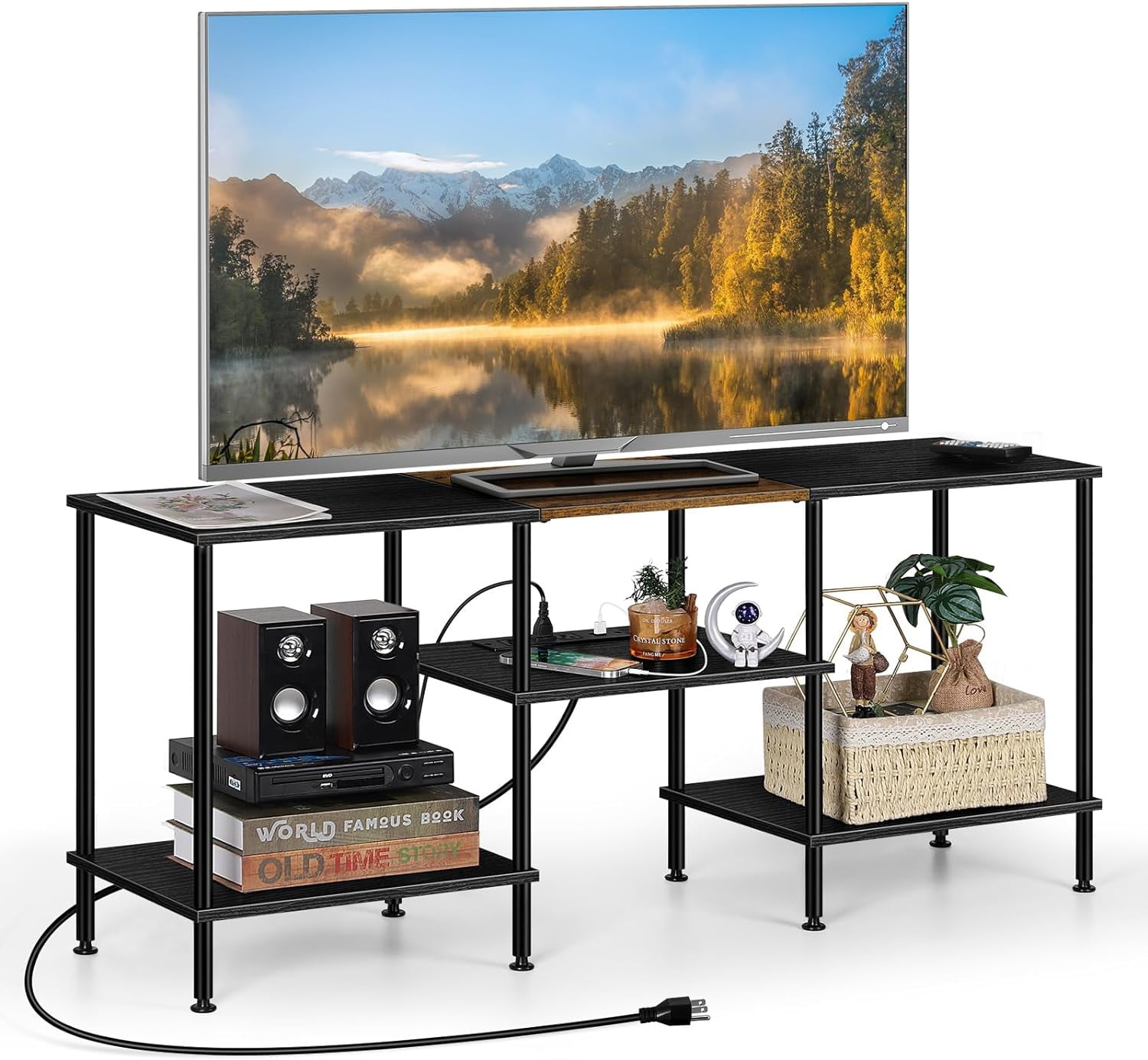 Oumilen 45" Open Industrial TV Cabinet 3 Tier Storage Shelf TV Cabinet with Charging Stake Black