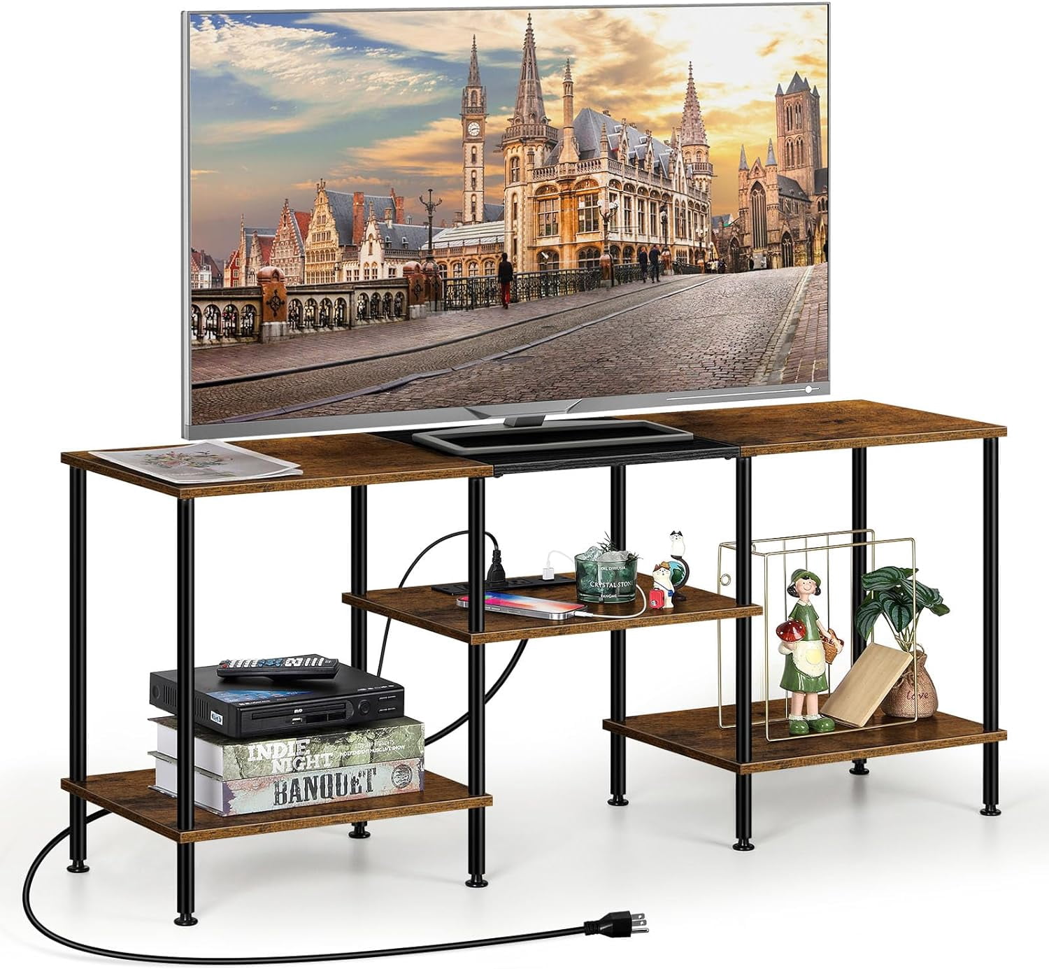 Oumilen 45" Open Industrial TV Cabinet 3 Tier Storage Shelf TV Cabinet with Charging Stake Brown
