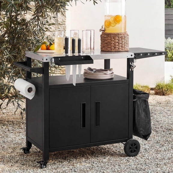 45" Outdoor Grill Cart with Stainless Steel Top, Foldable Side Table, 420D Weatherproof Cover Included, Rolling Kitchen Cart with Lockable Wheels, Storage Cabinet for Backyard BBQ Patio, Black