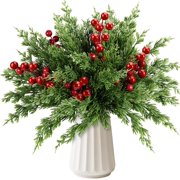 45 PCS Artificial Norfolk Pine Stems with Red Berries Decor, Christmas Greenery Branches for Home, Office, Holiday Decor, Evergreen Cypress Plant for Indoor/Outdoor