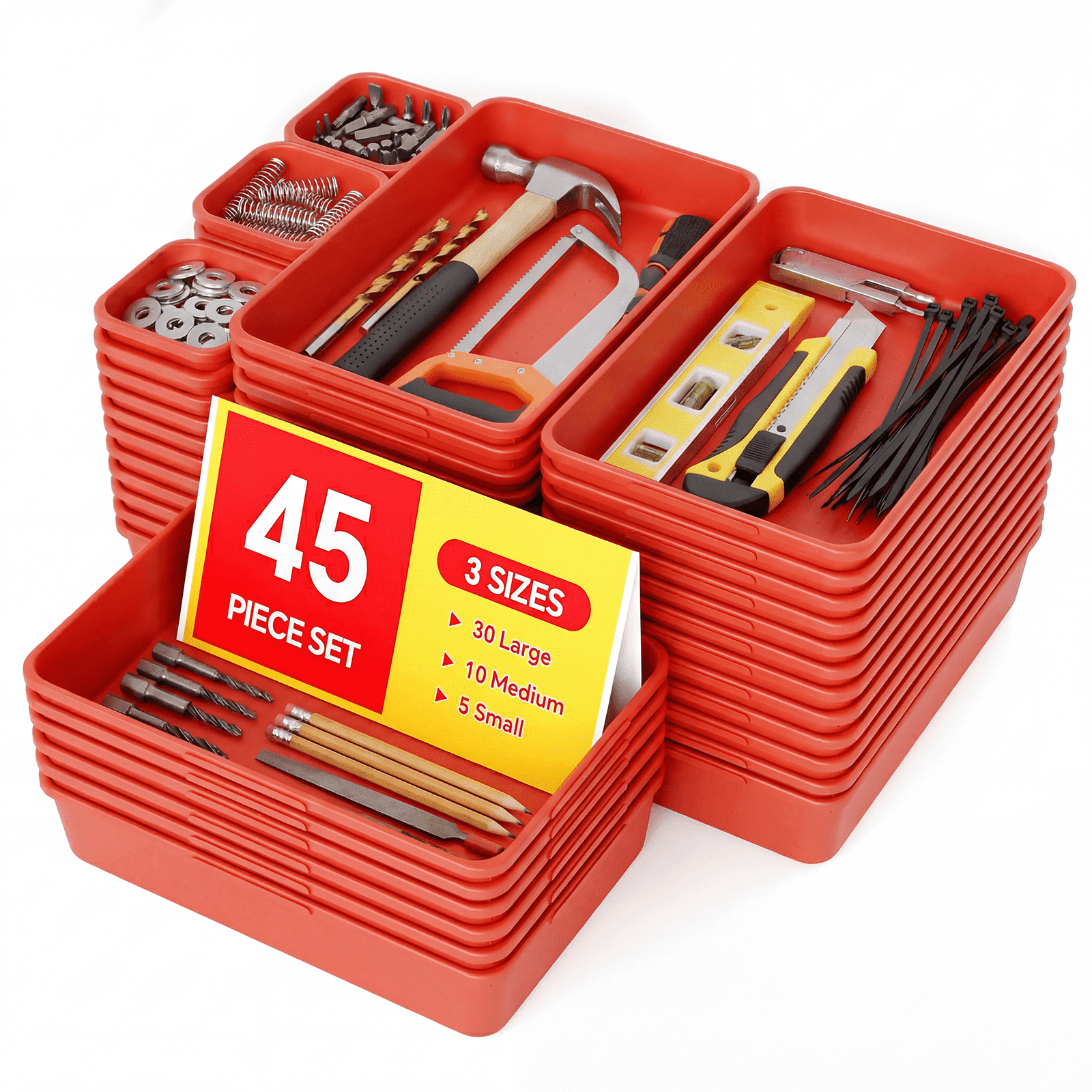 HAIDAIYA 45 Pack Plastic Drawer Organizer Trays, 3-Sizes Vanity and Desk Storage Bins, tool box Organizers for Makeup, Jewelry, Gadgets, Utensils, Red