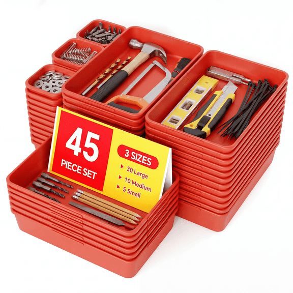 HAIDAIYA 45 Pack Plastic Drawer Organizer Trays, 3-Sizes Vanity and Desk Storage Bins, tool box Organizers for Makeup, Jewelry, Gadgets, Utensils, Red